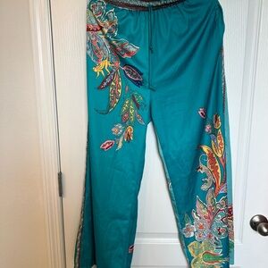 Wide Leg Pants Teal Boho Print Dantiyase
